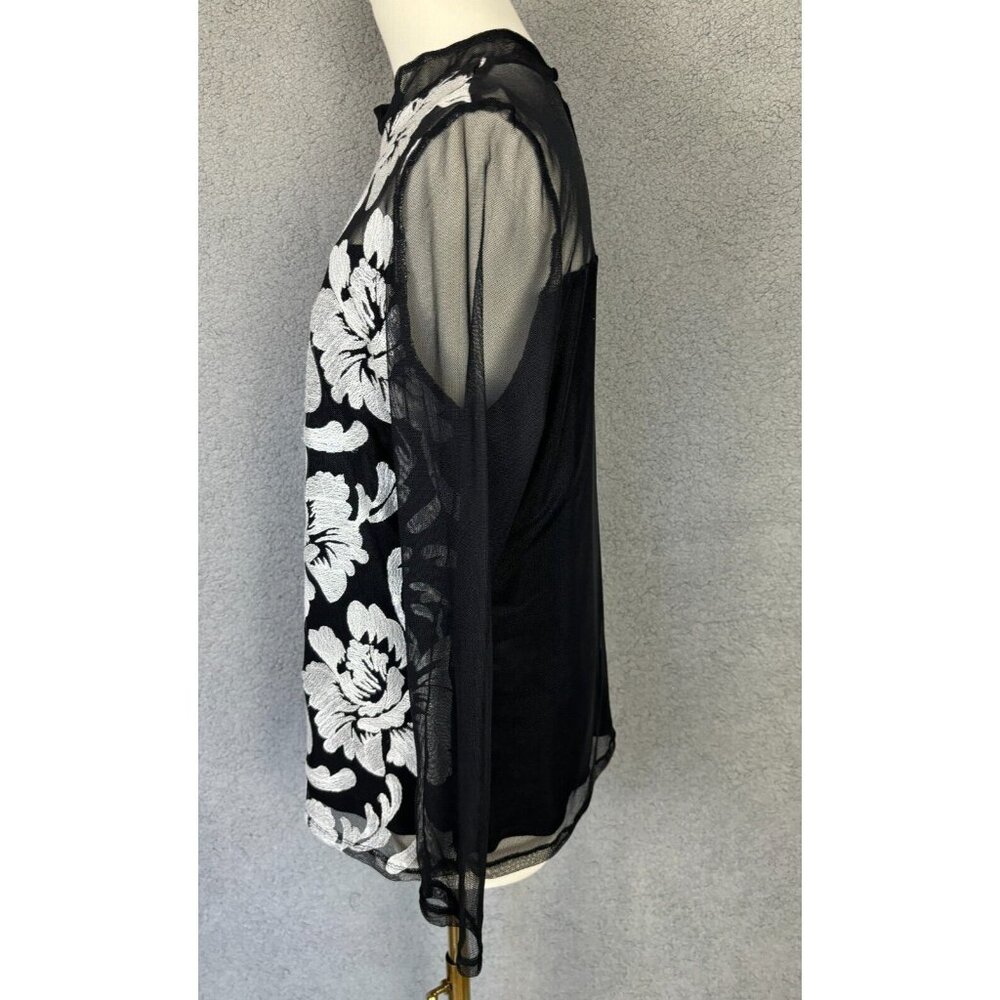 Floral Embroidered Black Mesh Top With Sheer Long Sleeves & Keyhole Back Detail - Picture 3 of 6